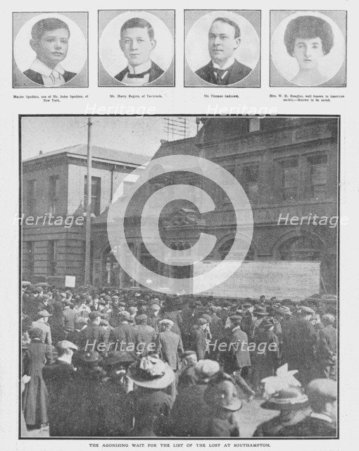 'The Agonising Wait for the List of the Lost at Southampton', April 20, 1912. Creator: Unknown.