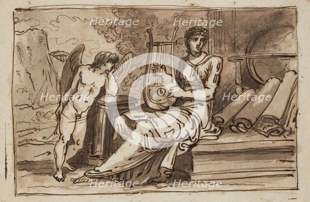 Female Figure (Geography?) with a Lyre, Globe, Maps, and Cupid, between 1758 and 1823. Creator: Felice Giani.