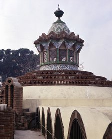 Outside of the stables pavilion with its great dome in the Guell House, it was built between 1884…
