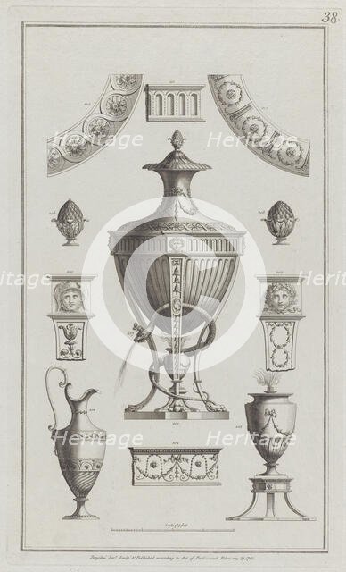 Vases and Ornament Designs, nos. 200-208 ("Designs for Various Ornaments," pl..., February 29, 1782. Creator: Michelangelo Pergolesi.