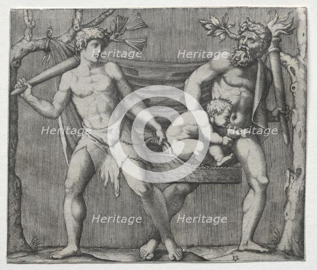 Two Fauns Carrying a Child in a Basket, c. 1513-1515. Creator: Marcantonio Raimondi (Italian, 1470/82-1527/34).