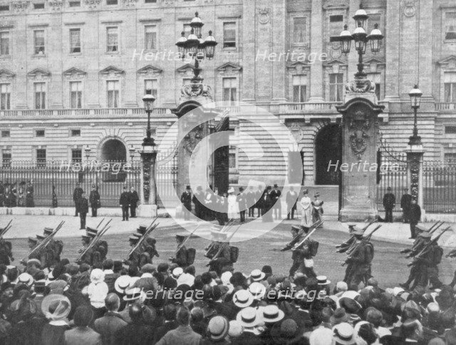 British soldiers marching past Buckingham Palace, London, August 1914. Artist: Unknown