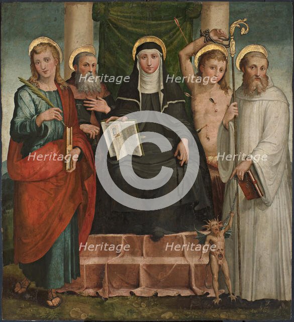 Saint Scholastica Enthroned between Saints John the Evangelist, Anthony the Abbot......, c1550. Creator: Piaggio, Teramo (1485-1554).