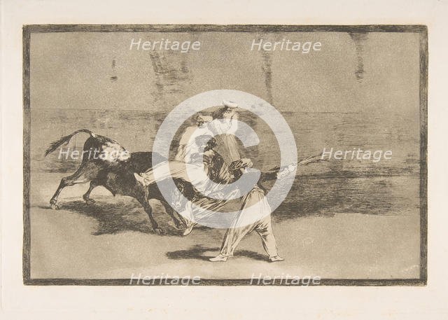 Plate 8 from the 'Tauromaquia':A Moor Caught by the Bull in the ring., 1816. Creator: Francisco Goya.