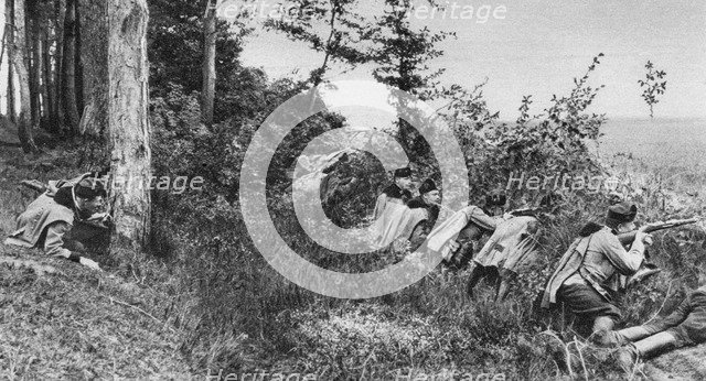 Vanguard of Austro-Hungarian Uhlans occupying a clearing in a forest, World War I, 1917. Artist: Unknown