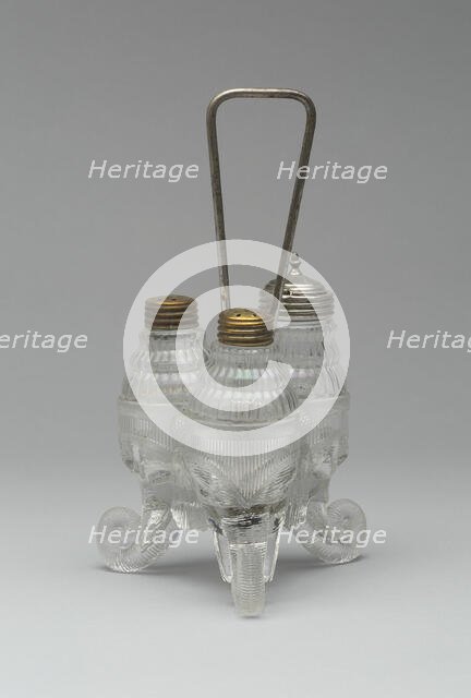 Jumbo/Elephant pattern cruet stand with three bottles, 1883/5. Creator: Canton Glass Company.