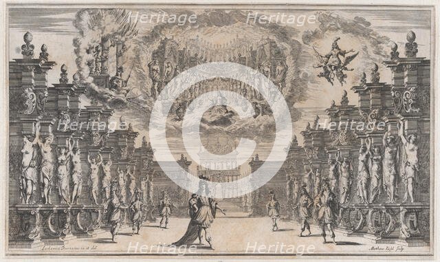 Courtyard of a palace with a man standing at center surrounded by attendants; above, a vis..., 1668. Creator: Mathäus Küsel.