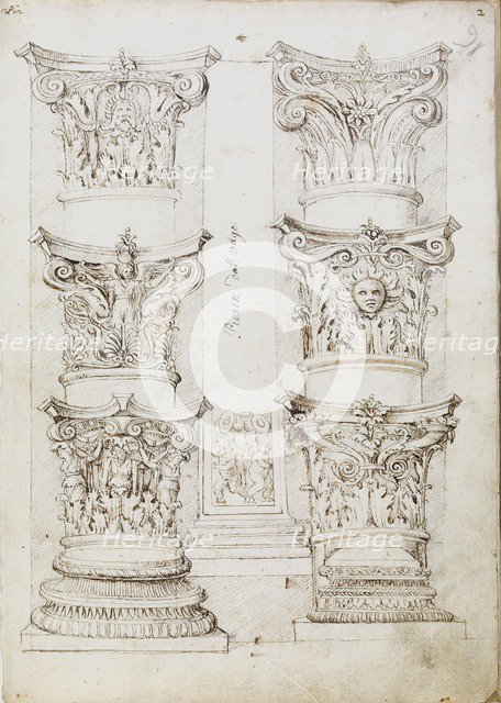 Six capitals, a lesene and two column bases, c1512-1517. Artist: Master of the Oxford Album.