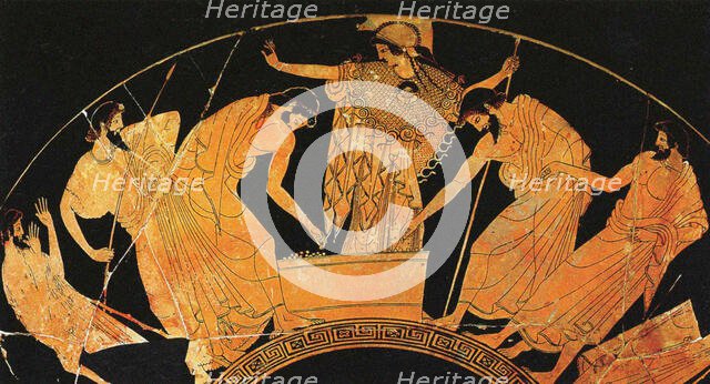 Athena presides over the voting for the award of the arms of Achilles, c. 490 BC. Creator: Duris (Douris), (Vase painter) (ca. 505-465 BC).