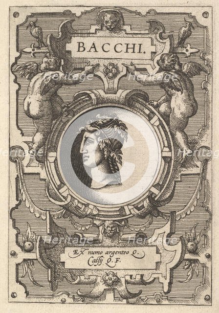 Bust of Bacchus surrounded by strapwork, from the series' Deorum dearumque,' a set of imag..., 1573. Creators: Gerard van Groeningen, Johannes van Doetecum I, Lucas van Doetecum.