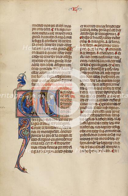 Initial E: Four Men before a King; Vidal Mayor, about 1290-1310. Creator: Unknown.
