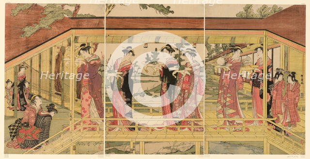 A procession of women holding shimadai decorations, c. 1789/1801. Creator: Utagawa Toyokuni I.