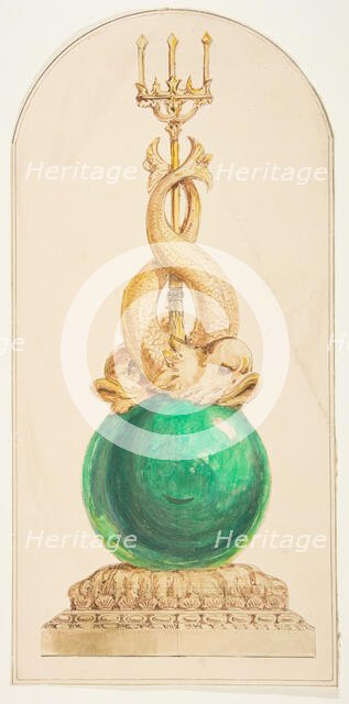 Ornament Design with a Trident and Two Fish, 19th century. Creator: Anon.