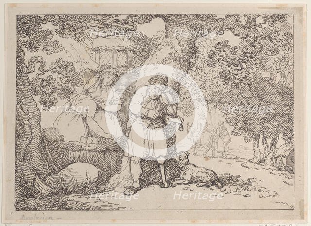 Fiddler, Sailor, Two Women and a Pig by a Cottage, 1816., 1816. Creator: Thomas Rowlandson.