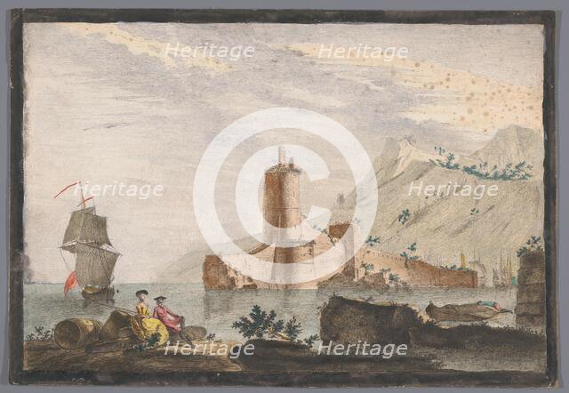 View of a harbor with a tower in Provence, 1700-1799. Creator: Marie-Jeanne Ozanne.