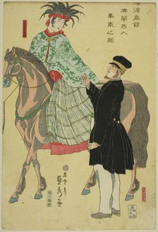 Merchants of Yokohama: French Woman on Horseback (Yokohama shokan, Furansujin umanori no zu), 1861. Creator: Sadahide Utagawa.