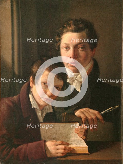 Self-Portrait with brother, 1814. Artist: Basin, Pyotr Vasilyevich (1793-1877)