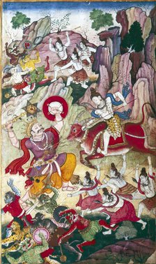 Siva destroys the demon Andhaka, Harivamsa manuscript, Mughul, c1590.  Artist: Unknown.