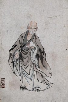 A Chinese man standing holding three vessels on a tray, (between 1800 and 1899?). Creator: Unknown.