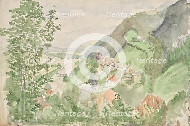 River landscape in the mountains with castle, c1910/1920. Creator: Franz Barwig.