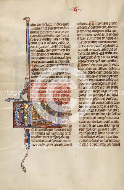 Initial C: Two Men Speaking to Two Youths and A Man Lying on the Ground while..., about 1290-1310. Creator: Unknown.