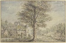 Village view, in the middle a tree. Creator: Lucas van Uden.