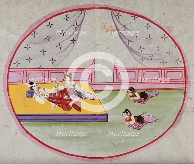 Burma: two figures reclining on a bed in a palace, while two servants pay homage, between 1800 & 189 Creator: Unknown.