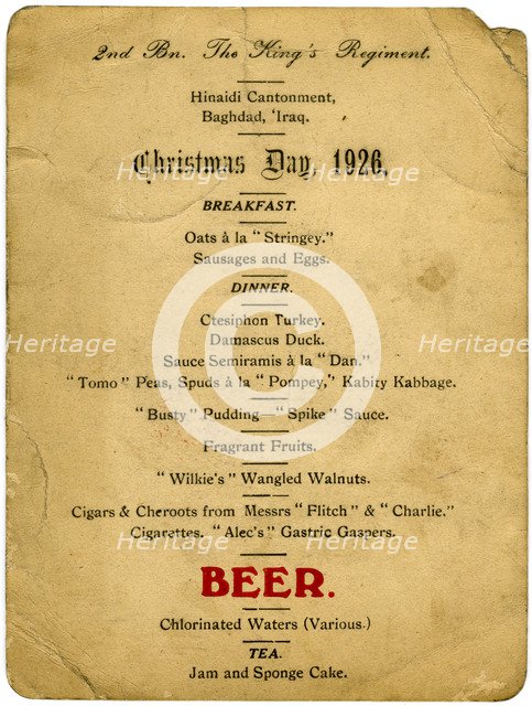 Christmas Day menu, 2nd Battalion the King's Regiment, Iraq, 1926. Artist: Unknown