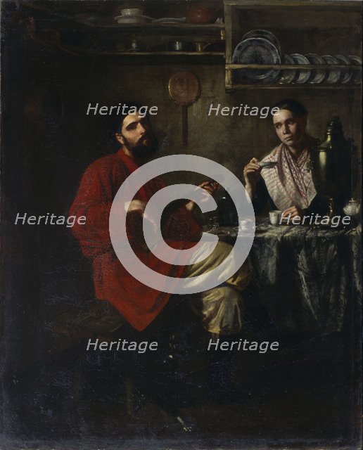 Homely scene of peasant life, 1855. Artist: Nevrev, Nikolai Vasilyevich (1830-1904)