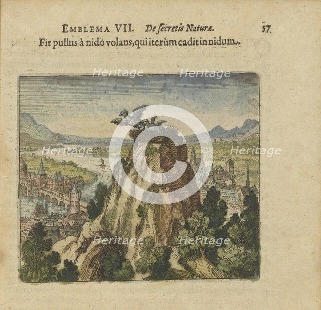 Emblem 7. The young bird flies from the nest and falls back into the nest, 1618. Creator: Merian, Matthäus, the Elder (1593-1650).