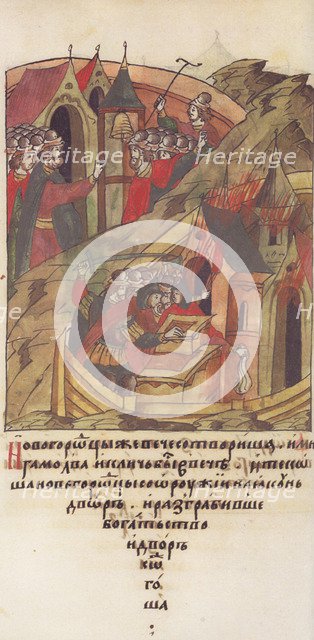Novgorod veche. Novgorodians plunder the court of Posadnik. (From the Illuminated Compiled Chronicle Artist: Anonymous  