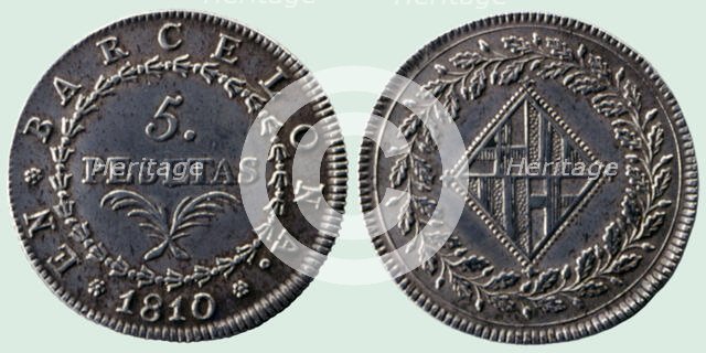 Five silver pesetas - Napoleonic occupation, obverse and reverse, 19th century. Creator: Cinco pesetas de plata. Ocupación napoleónica. Ceca : Barcelona. Anverso y reverso.