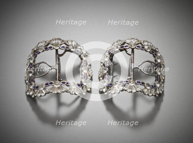 Pair of woman’s shoe buckles,  with paste stones, England, c.1780-1785. Creator: Unknown.