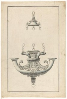 A hanging, patinated bronze lamp for three candles, decorated with eagle heads, c.1805-c.1820. Creator: Anon.