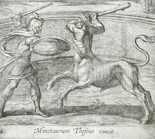 Theseus and the Minotaur, published 1606. Creators: Antonio Tempesta, Wilhelm Janson.