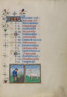 Calendar Page for March: Digging: Aries; Book of Hours, about 1450-1455. Creator: Master of the Lee Hours.