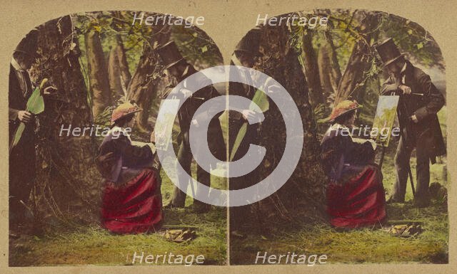 Woman seated at easel painting, two men in top hats watching, about 1865. Creator: London Stereoscopic & Photographic Co.