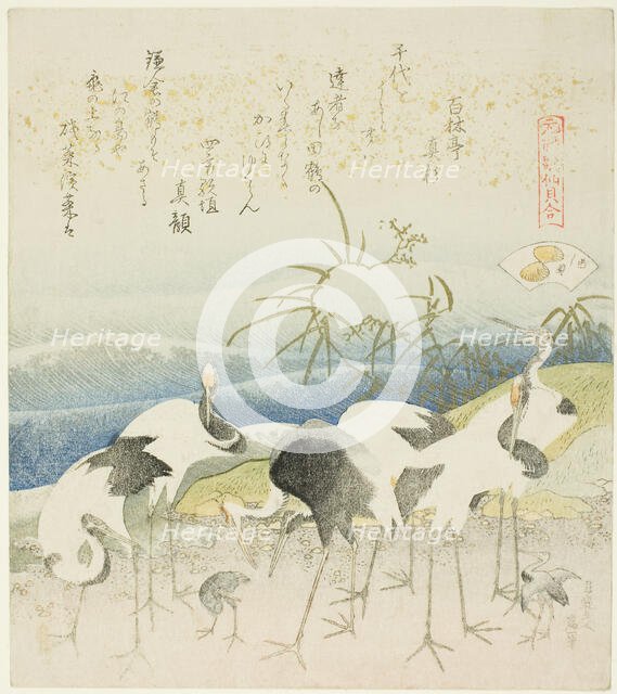 Cranes by the Shore, illustration for The Leg Shell (Ashigai), from the series "A Matching...,1821. Creator: Hokusai.