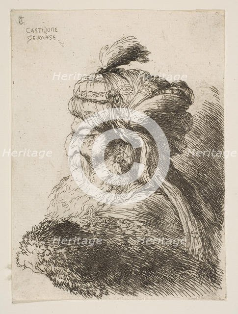 Head of an old man with a turban facing left, from the series of 'Small Heads in ..., ca. 1645-1650. Creator: Giovanni Benedetto Castiglione.