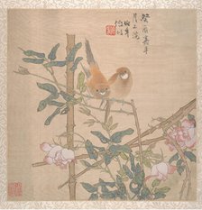 Two Birds Perched on a Flowering Rose Bush, late 19th century. Creator: Ren Yi.