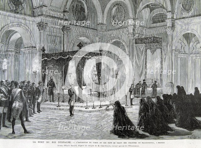 Death of Alphonse XII, exhibition of the King's body in the Hall of Columns of the Royal Palace i…