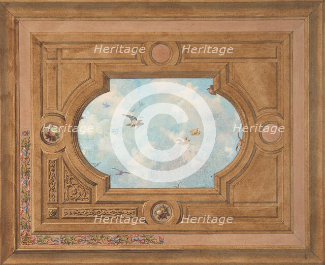 Design for a ceiling with a trompe l'oeil sky filled with birds, 19th century. Creators: Jules-Edmond-Charles Lachaise, Eugène-Pierre Gourdet.