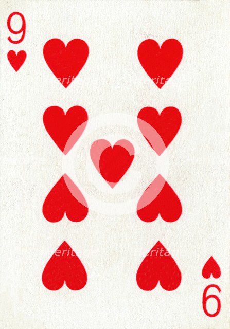 9 of Hearts from a deck of Goodall & Son Ltd. playing cards, c1940. Artist: Unknown.