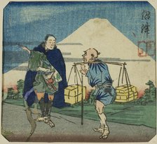 Numazu, section of a sheet from the series "A Harimaze Mirror of Joruri Plays (Harimaze..., 1854. Creator: Utagawa Kuniyoshi.
