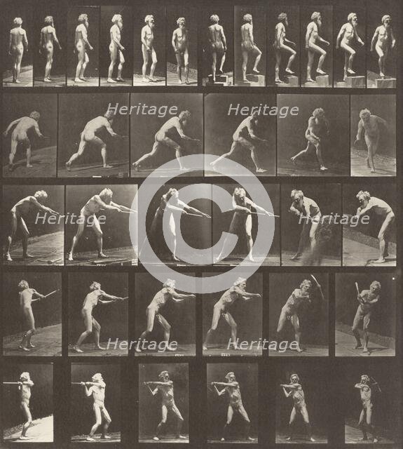 Plate Number 521. A: Walking. B: Ascending a step. C: Throwing the disk. D: Using a shovel..., 1887. Creator: Eadweard J Muybridge.