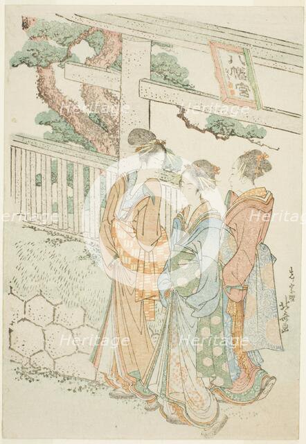 Visitors to the Hachiman shrine, Japan, c. 1803/04. Creator: Hokusai.