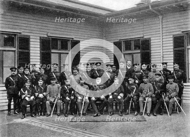 King Edward VII, Prince Fushimi and staff, Aldershot command, 1908-1909.Artist: Gale & Polder