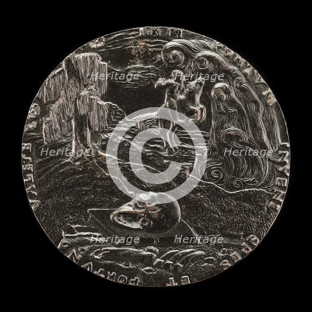 Book, Skull, Bones, and Rider in Landscape [reverse], 1526. Creator: Master M.P..