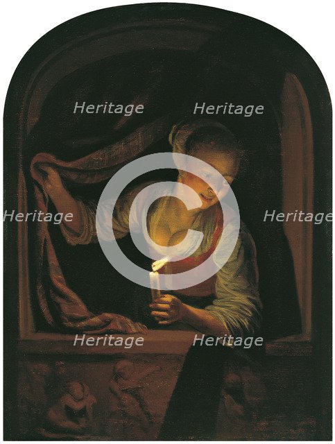 Woman with a lighted Candle at a Window. Artist: Dou, Gerard (Gerrit) (1613-1675)