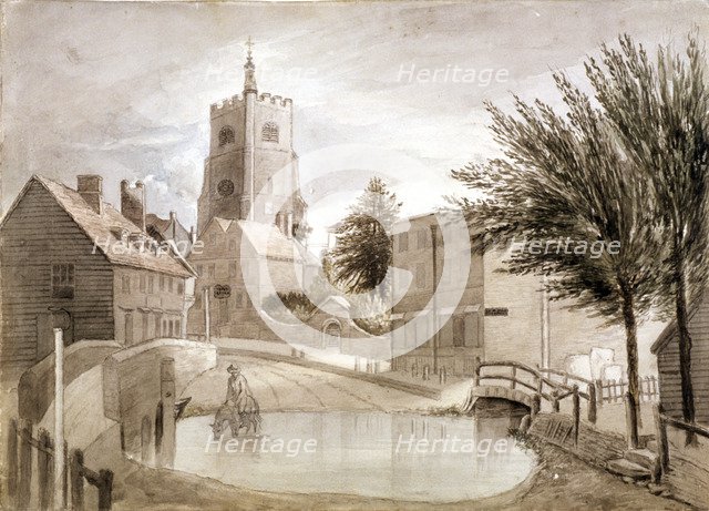 Hackney Brook and St John's church, Hackney, London, c1790. Artist: Unknown
